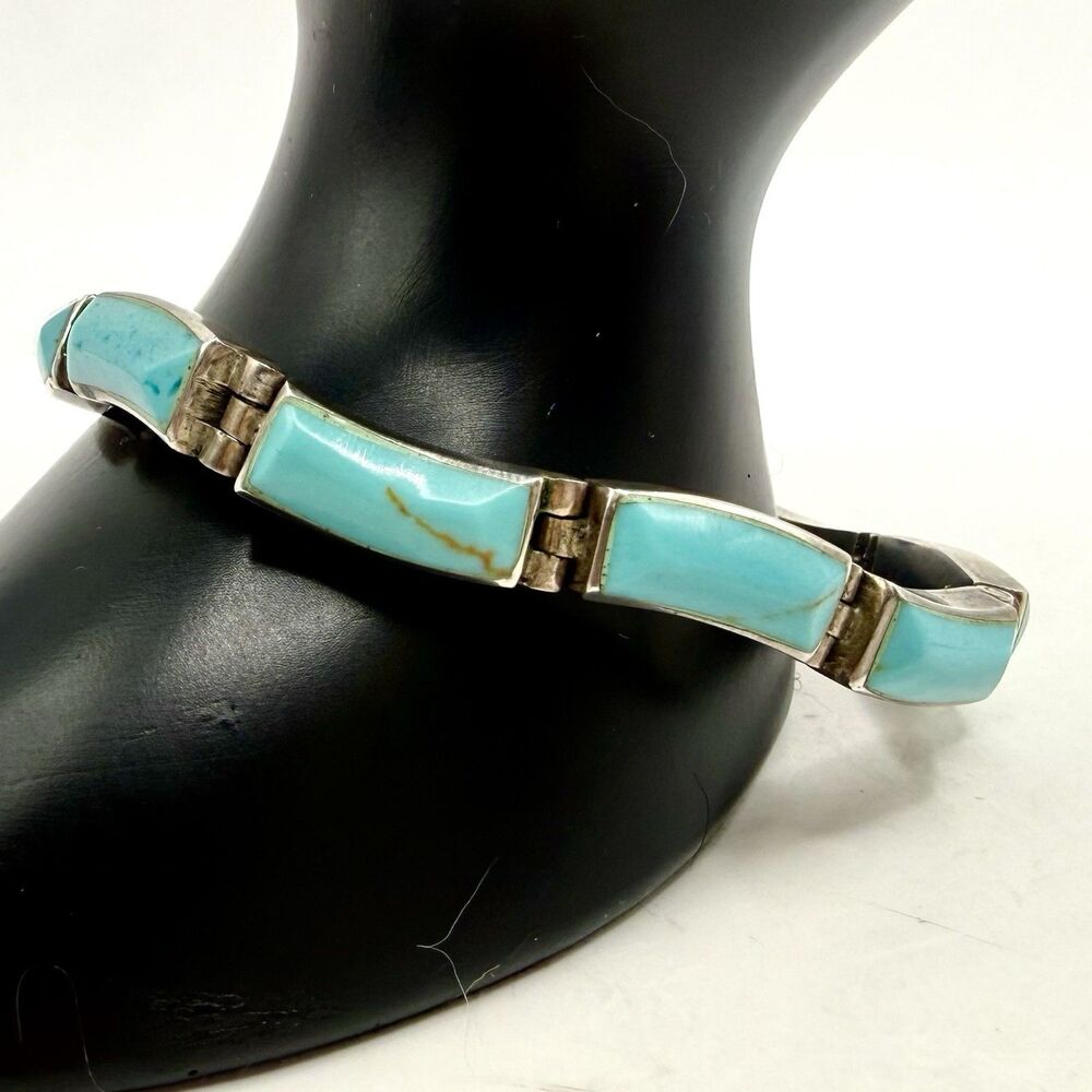 Vintage Mexican 950 Silver Turquoise Inlay Link Bracelet 7.25” Boho Y2K